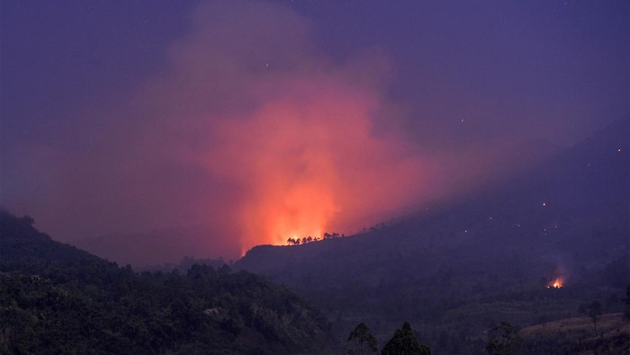 Lansekap hutan yang terbakar di Gunung Guntur terlihat dari Kawasan Cipanas, Kabupaten Garut, Jawa Barat, Selasa (20/8/2024). Data dari Dinas Pemadam Kebakaran Kabupaten Garut mencatat, kebakaran yang melanda hutan di Gunung Guntur sejak Senin (19/8/2024) petang membakar 16 hektare kawasan hutan. ANTARA FOTO/Raisan Al Farisi/wpa.