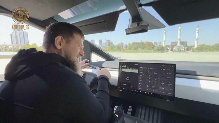 In this image from video posted by Chechen leader Ramzan Kadyrovs Telegram channel on Saturday, Aug. 17, 2024, Kadyrov drives a Tesla Cybertruck equipped with a machine gun in Grozny, Chechnya. (Ramzan Kadyrov Telegram channel via AP)