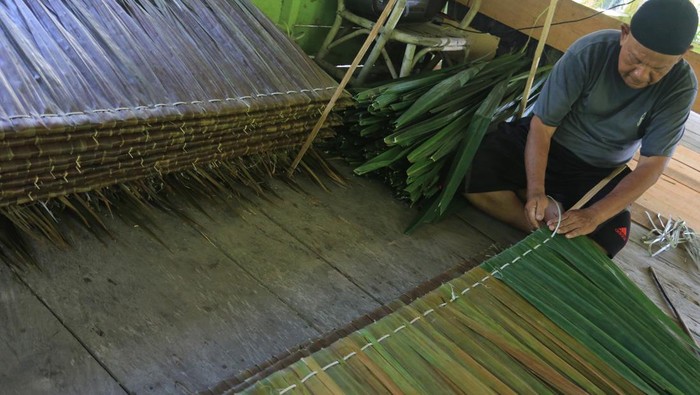 Perajin menganyam daun rumbia pada pembuatan atap rumbia di Desa Alue Raya, Kecamatan Samatiga, Aceh Barat, Aceh, Rabu (21/8/2024). Meskipun bersaing dengan atap modern namun permintaan atap dari daun rumbia masih sangat diminati masyarakat terutama untuk kebutuhan pembuatan atap rumah tradisional dan atap pondok wisata dengan harga jual Rp8.000 per lembar. ANTARA FOTO/Syifa Yulinnas/Spt.