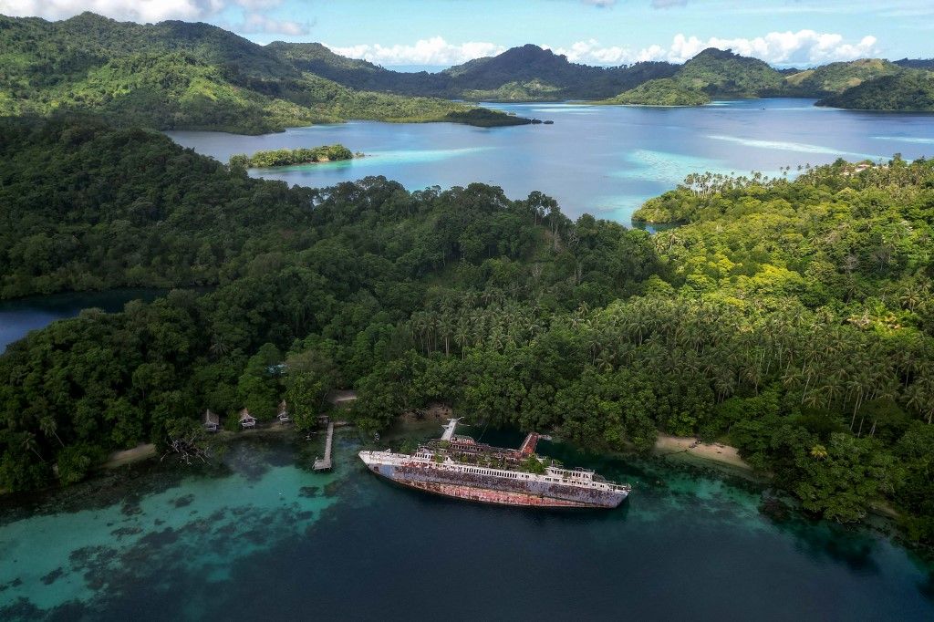 Sebuah kapal pesiar MS World Discoverer yang terbengkalai di garis pantai Teluk Roderick, Kepulauan Nggela, Kepualauan Solomon kini menjadi objek wisata yang populer. (Saeed KHAN / AFP)