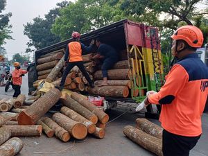 Nahas, Pasutri Tewas Tertimpa Truk Muatan Kayu yang Terguling di Jalan