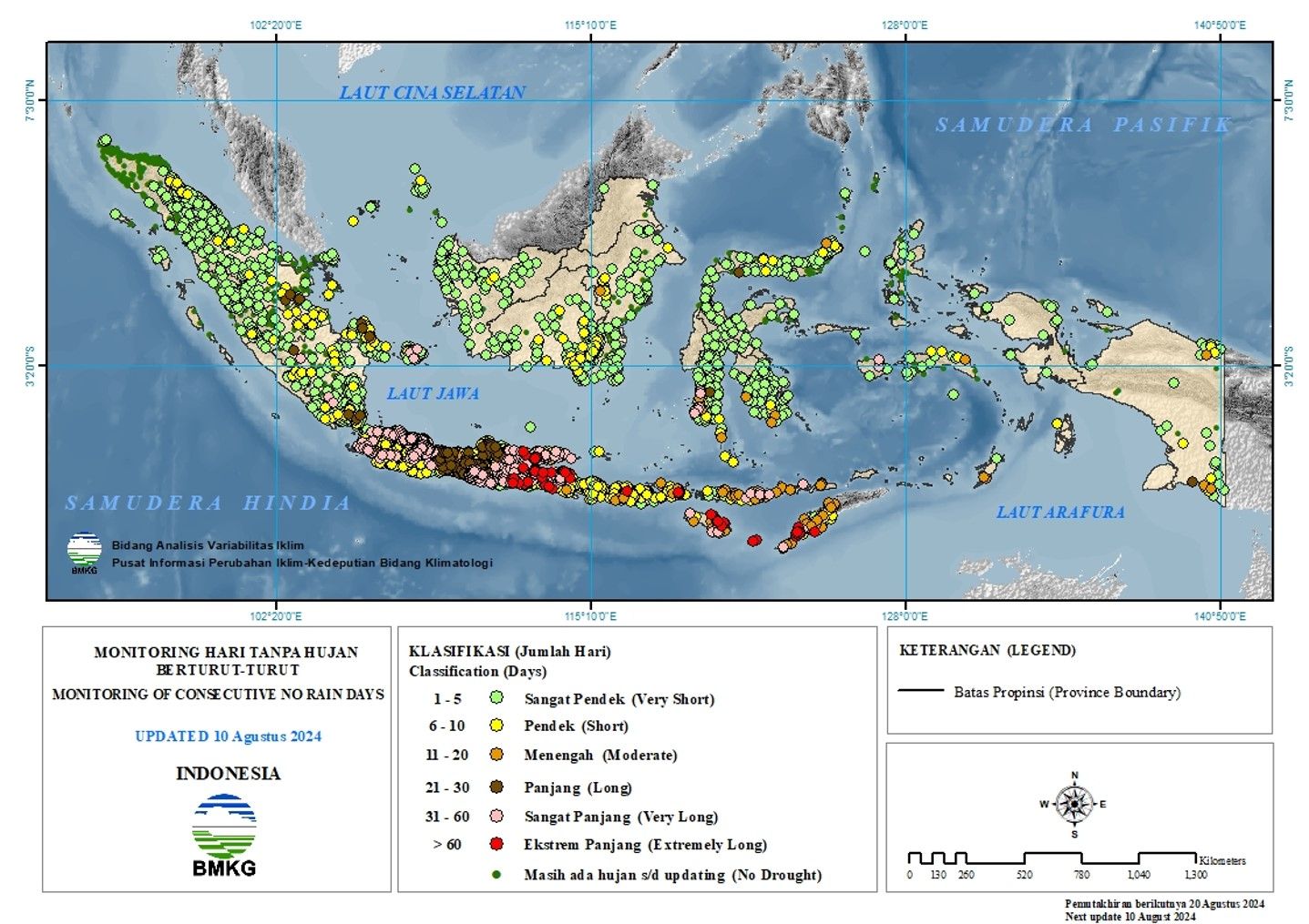 Peta Wilayah RI Tak Turun Hujan Berminggu-minggu bahkan Berbulan-bulan per 10 Agustus 2024. (BMKG)