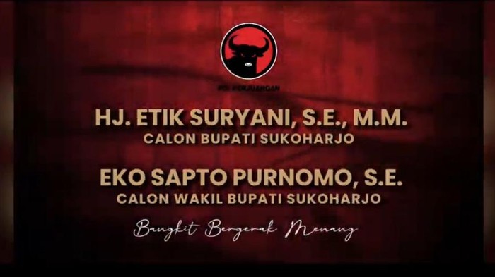 Tangkap layar pengumuman rekomendasi DPP PDIP untuk Pilkada Sukoharjo 2024, Kamis (22/8/2024).