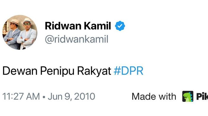 Tweet lama bakal calon Gubernur (Cagub) DKI Ridwan Kamil mencuat lagi. Di cuitannya, dia menuliskan Dewan Penipu Rakyat.