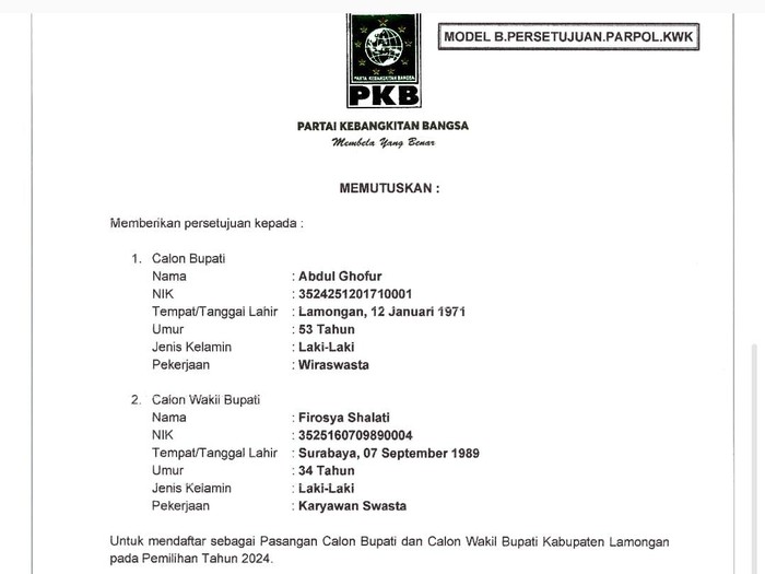 Surat rekom PKB untuk Ghofur-Firosya