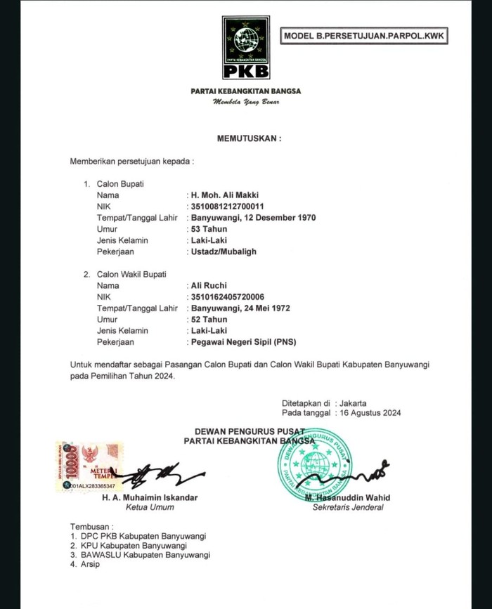 Tangkapan layar surat rekomendasi DPP PKB untuk KH. Ali Makki Zaini dan Ali Ruchi