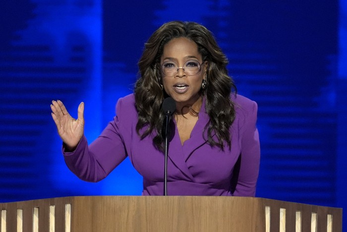 Oprah Winfrey speaks during the Democratic National Convention Wednesday, Aug. 21, 2024, in Chicago. (AP Photo/J. Scott Applewhite)