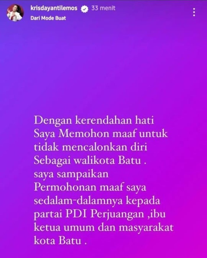 Insta story Kris Dayanti yang mundur dari pencalonan di Pilwali Batu 2024