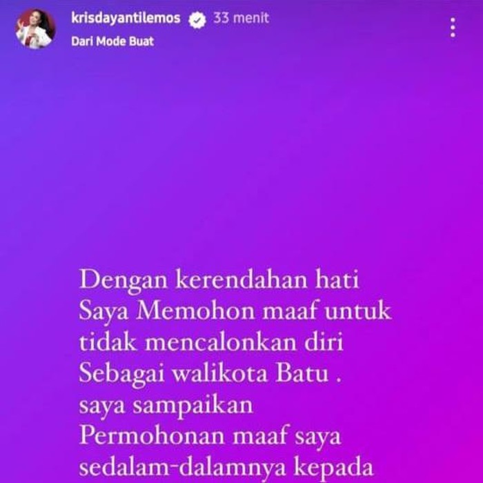 Insta story Kris Dayanti yang mundur dari pencalonan di Pilwali Batu 2024