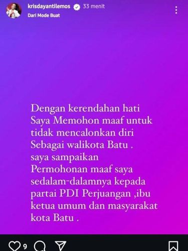 Insta story Kris Dayanti yang mundur dari pencalonan di Pilwali Batu 2024