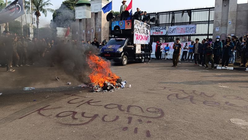 Massa menggelar demonstrasi dan membakar gambar Jokowi di depan DPR (Rizky/detikcom)