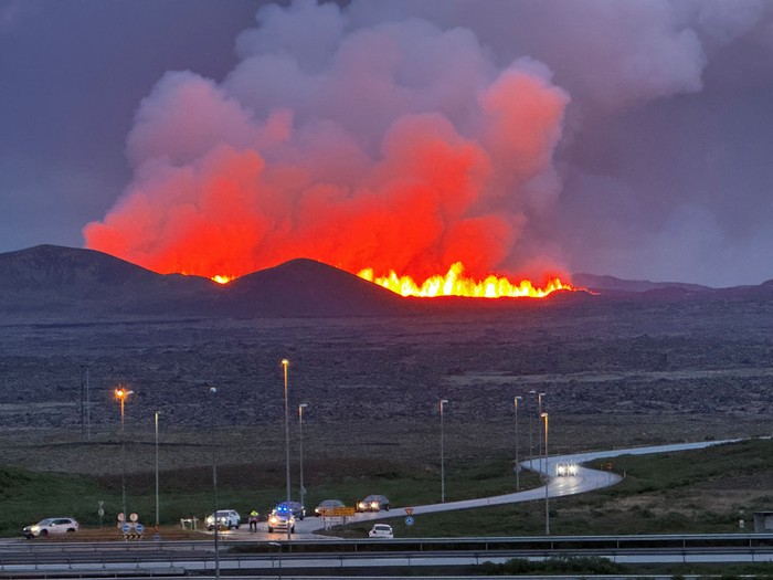 A volcano erupts, near Vogar, Iceland, August 22, 2024 in this picture obtained from social media. GISLI OLAFSSON/via REUTERS  THIS IMAGE HAS BEEN SUPPLIED BY A THIRD PARTY. MANDATORY CREDIT. NO RESALES. NO ARCHIVES.