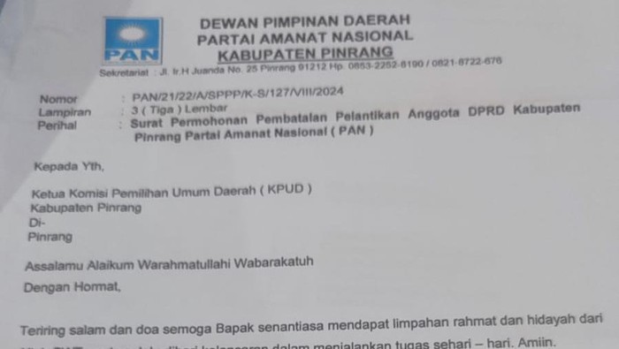 PAN Pinrang surati KPU minta pelantikan anggota DPRD PInrang terpilih dari PAN dibatalkan.