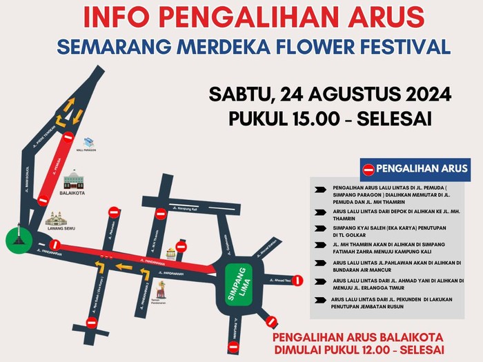 Rekayasa lalu lintas Semarang Merdeka Flower Festival, Sabtu (24/8/2024).