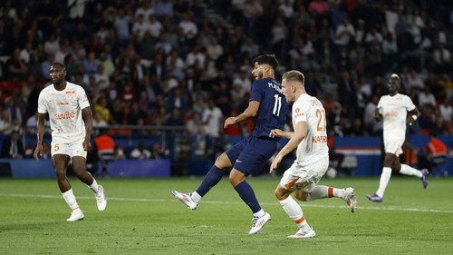 Soccer Football - Ligue 1 - Paris St Germain v Montpellier - Parc des Princes, Paris, France - August 23, 2024 Paris St Germains Marco Asensio scores their second goal REUTERS/Christian Hartmann
