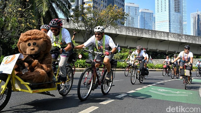 Peringati Hari Orang Utan, Para Pesepeda Bawa Boneka Saat Gowes di Sudirman Organisasi Satya Bumi bersama Komunitas Chemonk dan Kamerawan Jurnalis bersepeda dengan membawa boneka orang utan. Hal ini dalam rangka memperingati orang utan sedunia.