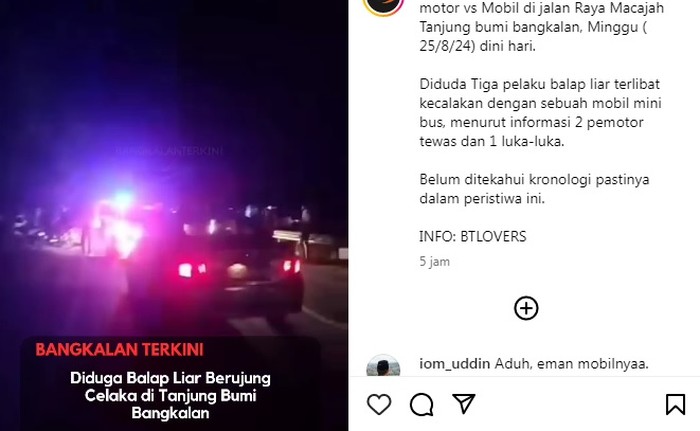 Tangkapan layar video kecelakaan diduga akibat balap liar.