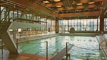 Kolam renang dalam ruangan di Grossingers, yang dibuka pada tahun 1958. Elizabeth Taylor menghadiri pembukaan kolam tersebut, dan Florence Chadwick - wanita pertama yang berenang di Selat Inggris di kedua arah - berenang pertama kali di dalamnya. Foto: Pablo Iglesias Maurer via Dcis