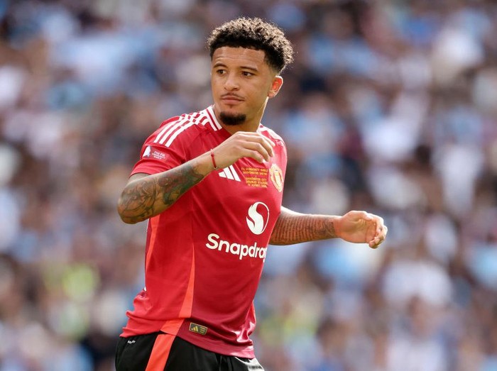 LONDON, ENGLAND - AUGUST 10: Jadon Sancho of Manchester United in action during the 2024 FA Community Shield match between Manchester United and Manchester City  at Wembley Stadium on August 10, 2024 in London, England. (Photo by Neal Simpson/Sportsphoto/Allstar via Getty Images)
