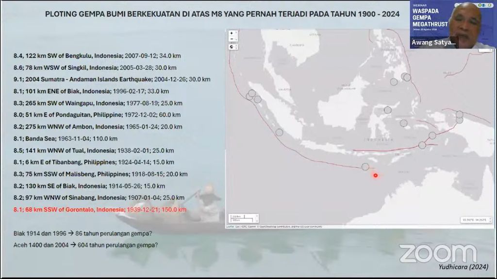 Paparan Independent Geologist Awang Satyana  dalam Webinar Waspada Gempa Megathrust yang digelar Departemen Teknik Geofisika ITS bekerja sama dengan PVMBG – U-INSPIRE – IAGI  secara online, Kamis (20/8/2024). (Tangkapan layar Youtube Teknik Geofisika ITS)