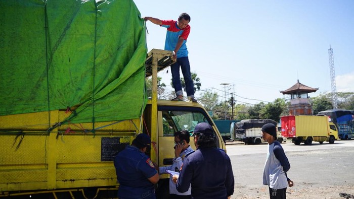 Petugas mengecek terhadap angkutan truk di Unit Pelayanan Penimbangan Kendaraan Bermotor (UPPKB) Cekik, Gilimanuk, Bali, Minggu (25/8/2024). (Foto: Dok. Satpel UPPKB Cekik)