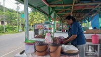 Salah seorang ibu penjual saat sedang meramu rujak.