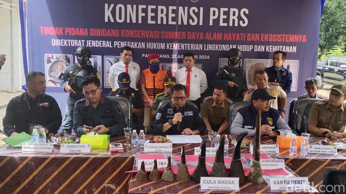 Gakkum LHK Sumsel rilis penangkapan tersangka penjualan cula badak dan gading gajah.