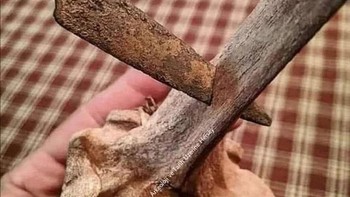 Beginilah cara kepala tombak menembus tulang selama perang Galia Romawi. Tombak itu masih tetap di tulang setelah 2070 Tahun. Foto: Historyfeels via Boredpanda