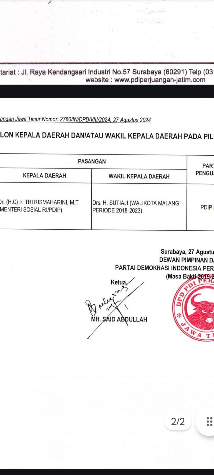 Surat rekomendasi PDIP soal penunjukan Risma-Sutiaji di Pilgub Jatim 2024.