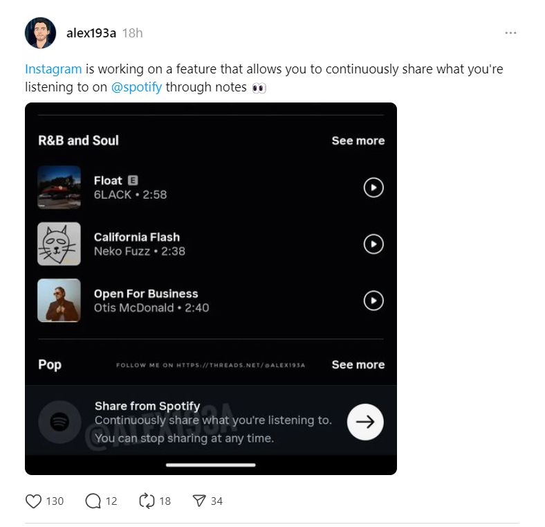 Tampilan fitur berbagi musik Spotify dan Instagram