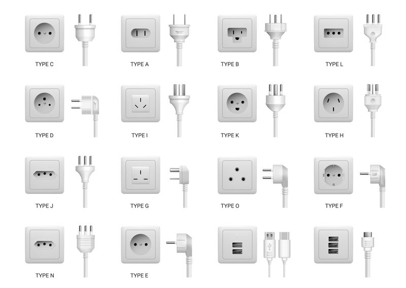 Electric power sockets with different types of plug cord. Vector isolated type C and A, B and L, usb standard ports for devices charging and appliances, electronic equipment connectors