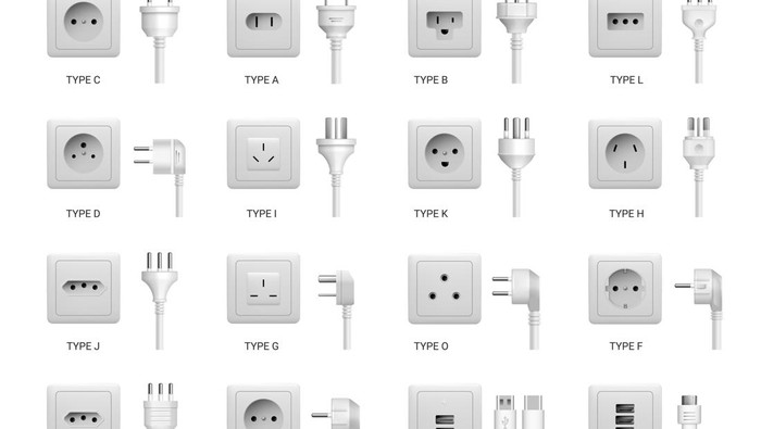 Electric power sockets with different types of plug cord. Vector isolated type C and A, B and L, usb standard ports for devices charging and appliances, electronic equipment connectors