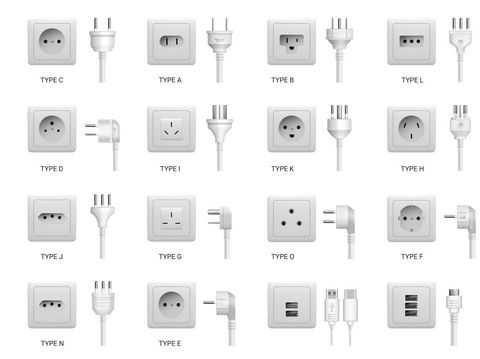 Electric power sockets with different types of plug cord. Vector isolated type C and A, B and L, usb standard ports for devices charging and appliances, electronic equipment connectors