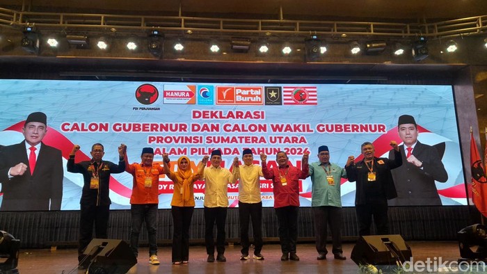 EdyRahmayadi-Hasan Basri Sagala berfoto dengan pimpinan partai politik pengusung saat deklarasi hari ini. (Nizar Aldi/detikSumut)