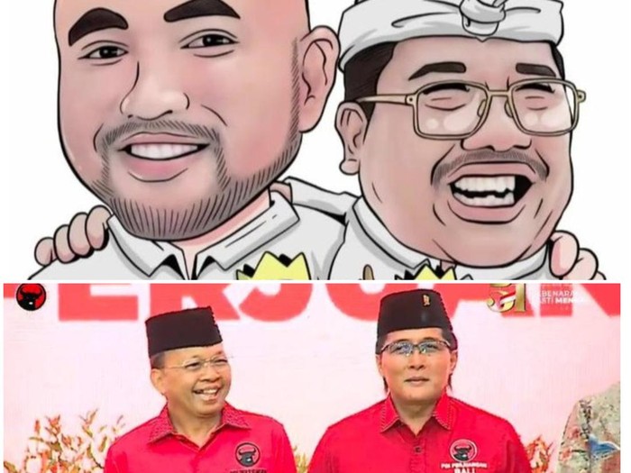 Kolose foto pasangan Made Muliawan Arya alias De Gadjah-Putu Agus Suradnyana (atas) dan Wayan Koster-I Nyoman Giri Prasta (bawah). (Foto: Instagram De Gadjah dan Tangkapan layar Youtube PDIP)
