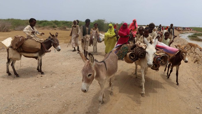 Korban Banjir Akibat Tanggul Jebol di Sudan Dievakuasi A child looks on while evacuees make their way on Tokar Road, following devastating floods, in Tokar, Red Sea State, Sudan, August 28, 2024. REUTERS/El Tayeb Siddig