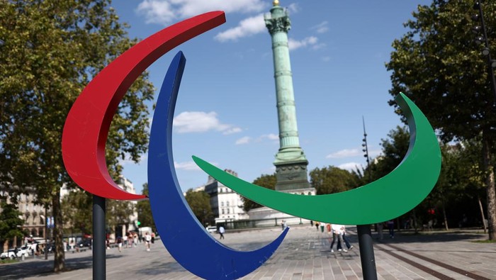 PARIS, FRANCE - AUGUST 26:  The Paralympic logo is seen Previews around Paris ahead of the Paralympic Games on August 26, 2024 in Paris, France. (Photo by Naomi Baker/Getty Images)