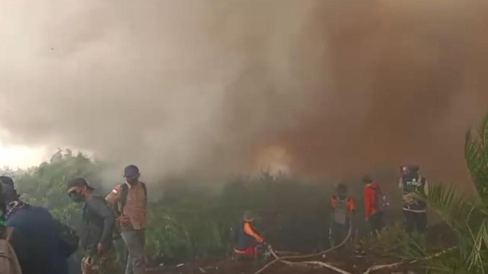 Petugas Satgas Karhutla melakukan upaya pemadaman lahan terbakar di Desa Rantau Panjang, Muaro Jambi