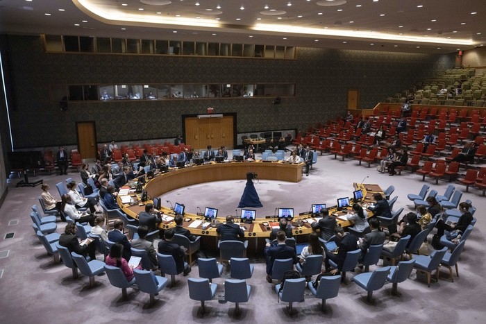 A general view shows the U.N. Security Council meeting at United Nations headquarters, Thursday, Aug. 29, 2024. (AP Photo/Yuki Iwamura)