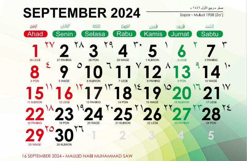 Kalender September 2024 lengkap tanggalan Hijriah dan Weton.