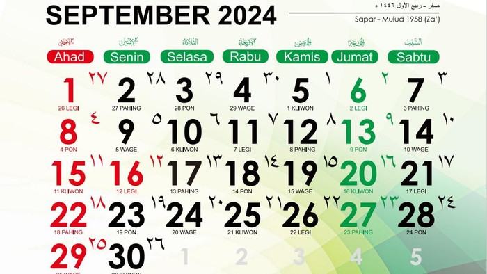 Kalender September 2024 lengkap tanggalan Hijriah dan Weton.