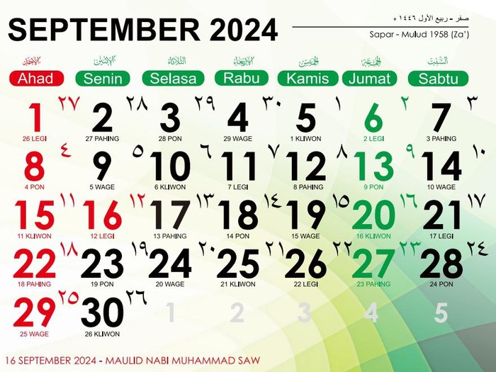 Kalender September 2024 lengkap tanggalan Hijriah dan Weton.