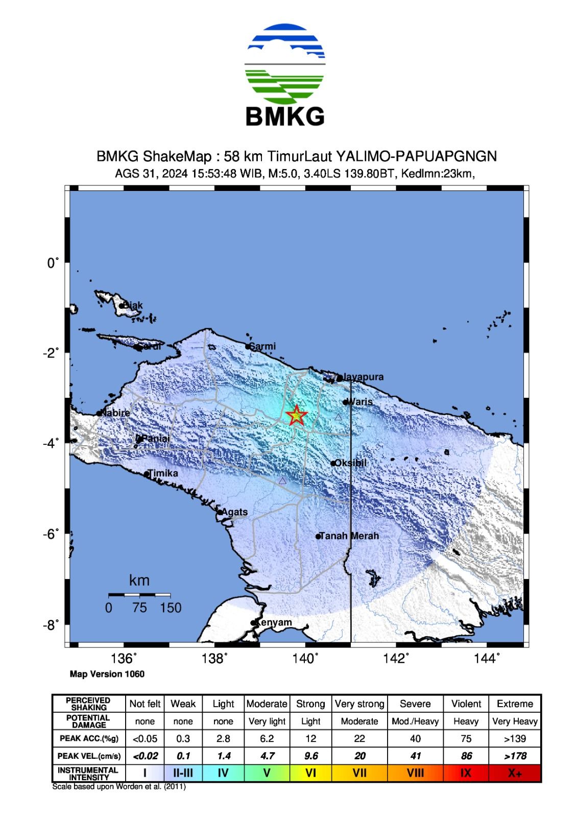 Gempa bumi mengguncang Yalimo Papua Nugini dengan magnitudo 5.0 M. (Dok. BMKG)