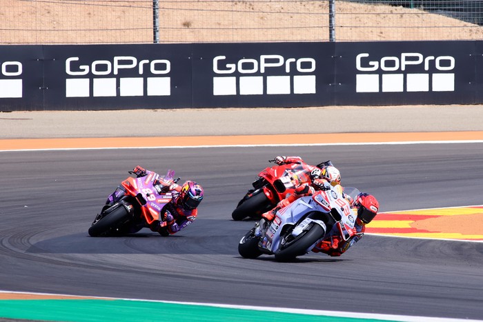 ALCANIZ, SPAIN - AUGUST 31: Marc Marquez from Spain of Gresini Racing MotoGP, Jorge Martin from Spain of Prima Pramac Racing and Pedro Acosta from Spain of Red Bull GASGAS Tech3 racing with his motorcycle during MotoGP of Aragon Sprint, at Motorland Aragon Circuit on August 31, 2024 in Alcaniz, Spain. (Photo by Joan Cros - Corbis/Getty Images)