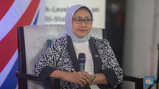 Deputi Bidang Kemaritiman dan Sumber Daya Alam Kementerian Kementerian PPN/Bapenas, Vivi Yulaswati saat sesi wawancara di Bali International Convention Center, Nusa Dua, Bali, Minggu (1/9/2024). (CNBC Indonesia/Faisal Rahman)