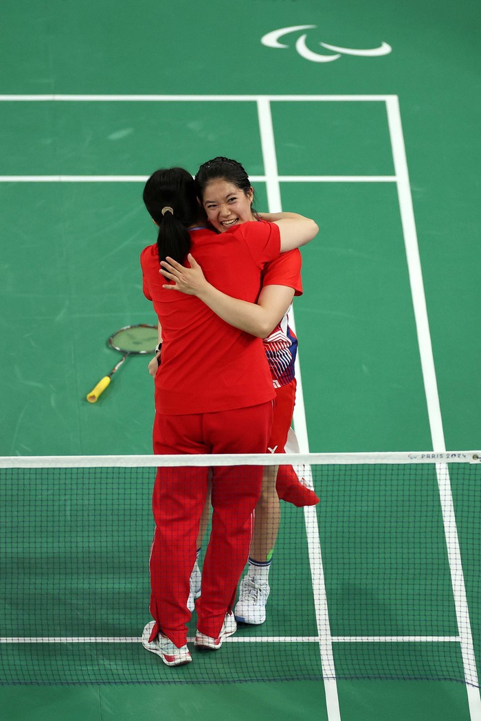 PARIS, FRANCE - SEPTEMBER 02: Zuxian Xiao of Team China celebrates victory in the Women's Para Badminton Singles SL3 Gold Medal Match against Qonitah Ikhtiar Syyakuroh of Team Indonesia on day five of the Paris 2024 Summer Paralympic Games at Porte de La Chapelle Arena on September 02, 2024 in Paris, France. (Photo by Steph Chambers/Getty Images)