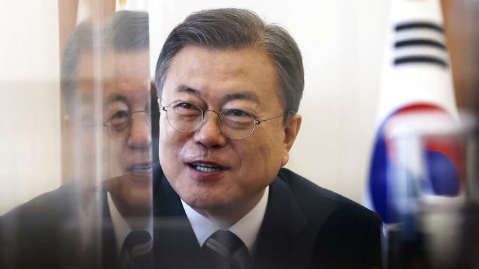 South Korean President Moon Jae-in is pictured at the presidential Blue House in Seoul, South Korea, Tuesday, Feb. 8, 2022. Moon, in his final months in office, has expressed concern over North Korea's expanding weapons program and the possibility it could resume nuclear and long-range missile tests that would revive fears of war in the region. (Joint Press Photo/Pool Photo via AP)