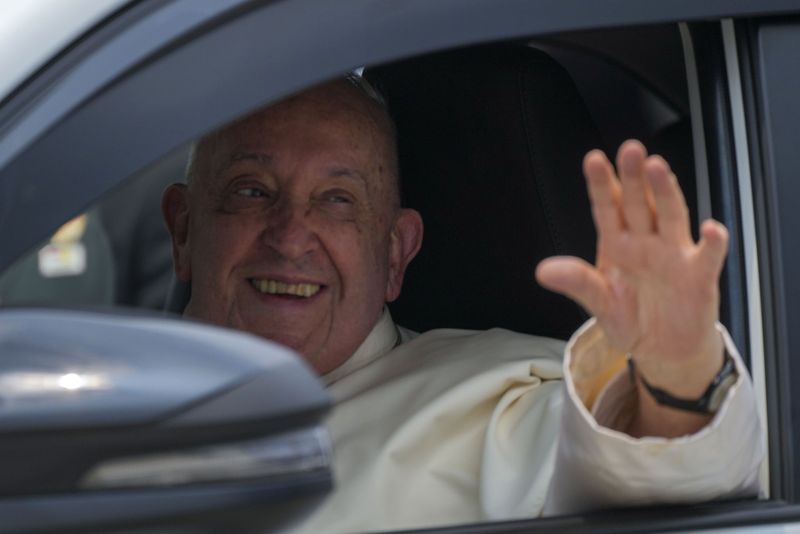 Pope Francis leaves in a car soon after landing at Jakarta's International airport Soekarno Hatta, Tuesday, Sept. 3, 2024. Pope Francis arrived in Indonesia on Tuesday at the start of the longest trip of his pontificate, hoping to encourage its Catholic community and celebrate the tradition of interfaith harmony in a country with the world's largest Muslim population. (AP Photo/Gregorio Borgia)