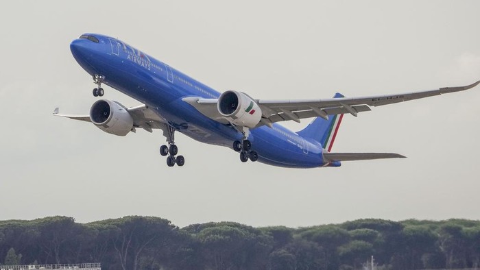 The ITA AZ 330 flight bringing Pope Francis to Asia takes off at Rome's Leonardo Da Vinci International airport in Fiumicino, some 30 kilometers west of Rome, Monday, Sept. 2, 2024. Francis will clock 32,814 kilometers (20,390 miles) by air during his Sept. 2-13 visit to Indonesia, Papua New Guinea, East Timor and Singapore, far surpassing any of his previous 44 foreign trips and notching one of the longest papal trips ever, both in terms of days on the road and distances traveled. (AP Photo/Andrew Medichini)