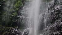 Curug Lawe yang menjulang tinggi dengan air yang mengalir deras membasahi badan.